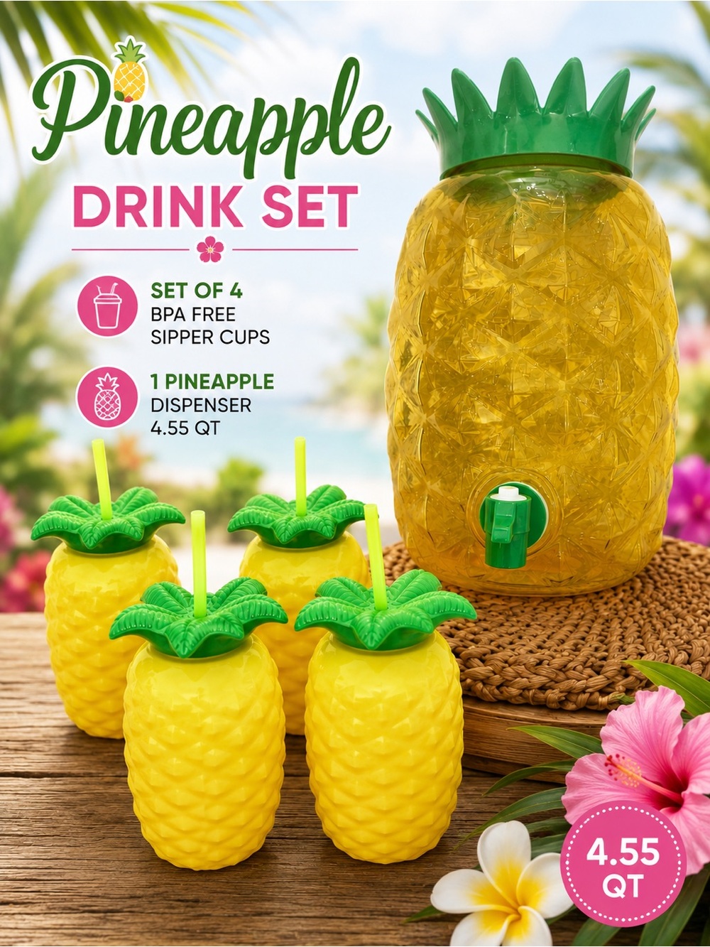Set of 4 Yellow Pineapple BPA-Free Drink Cups w/ Straws and one 4.55 Dispenser